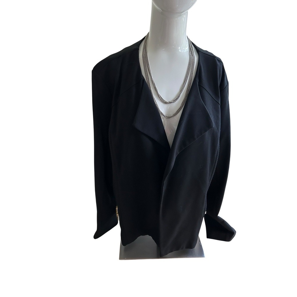 Chico's Black Rayon Blend Open Front Long Sleeve Blazer  Gold Zippers 3 XL 16/18